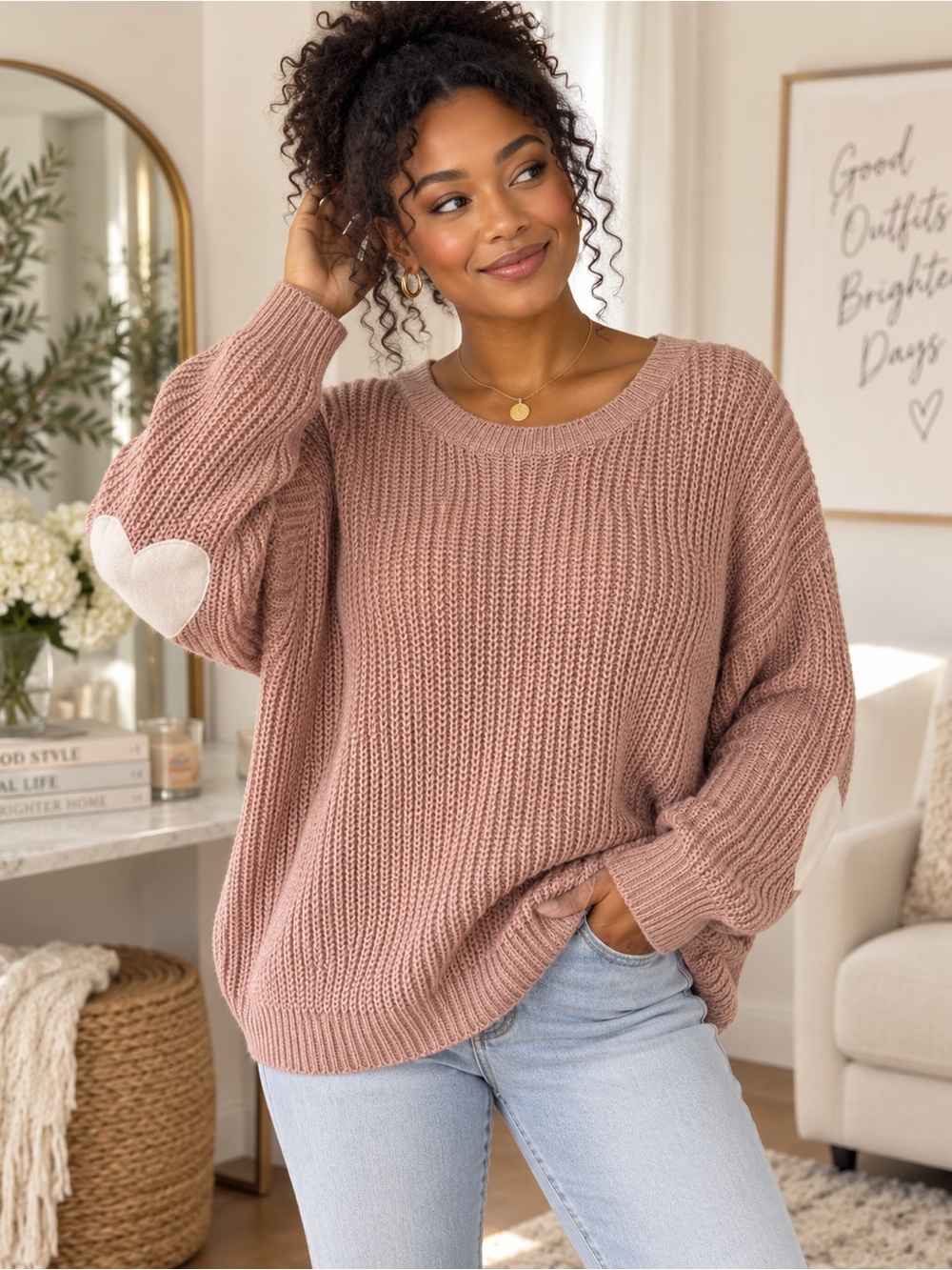 Dusty Rose Chunky Knit Sweater White Heart Elbow Patches Size M